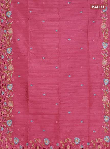Semi raw silk saree peach pink with embroidered buttas and embroidery cut work border
