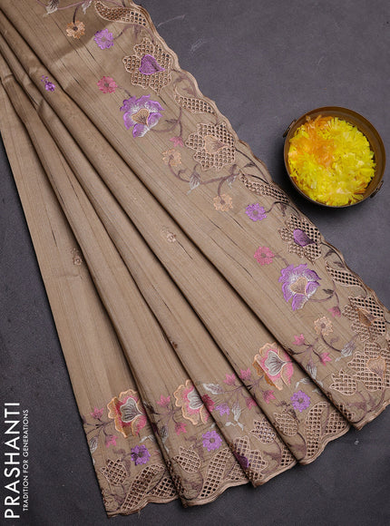 Semi raw silk saree beige with embroidered buttas and embroidery cut work border