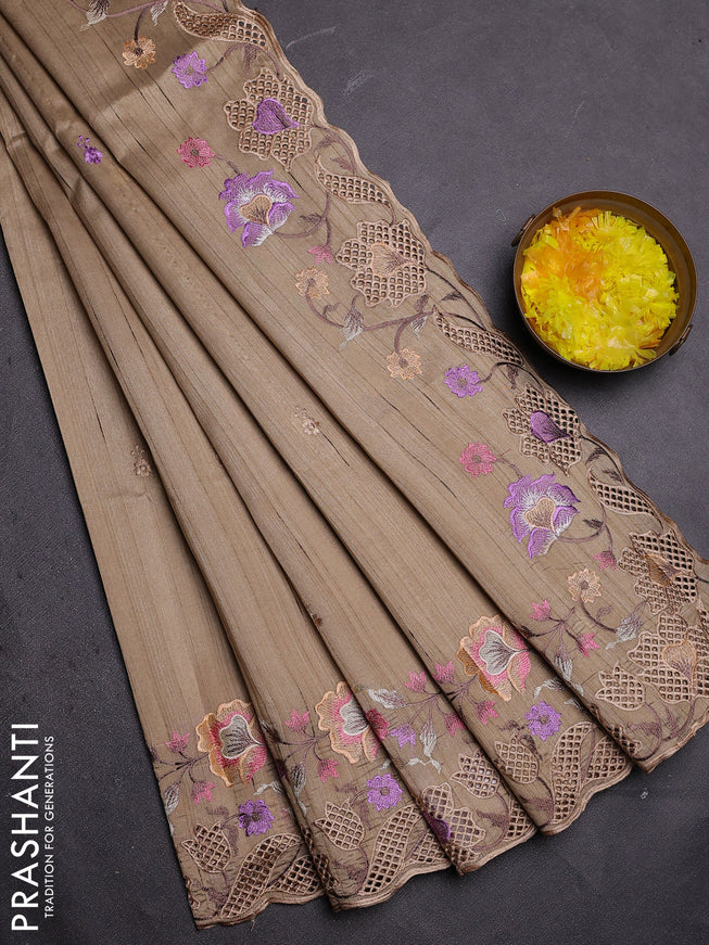 Semi raw silk saree beige with embroidered buttas and embroidery cut work border