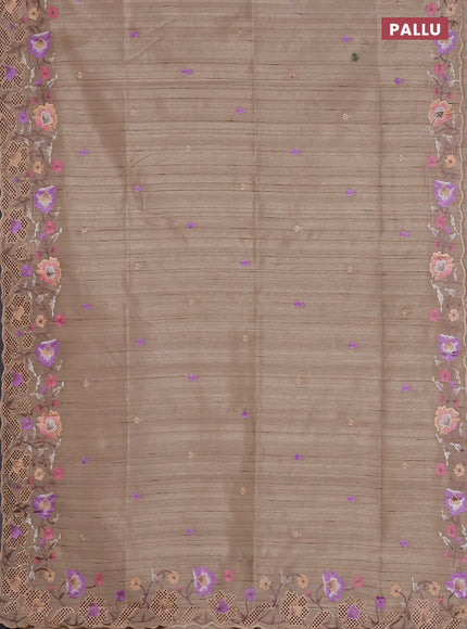 Semi raw silk saree beige with embroidered buttas and embroidery cut work border