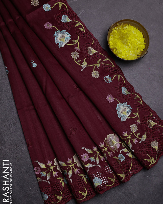 Semi raw silk saree maroon with embroidered buttas and embroidery cut work border