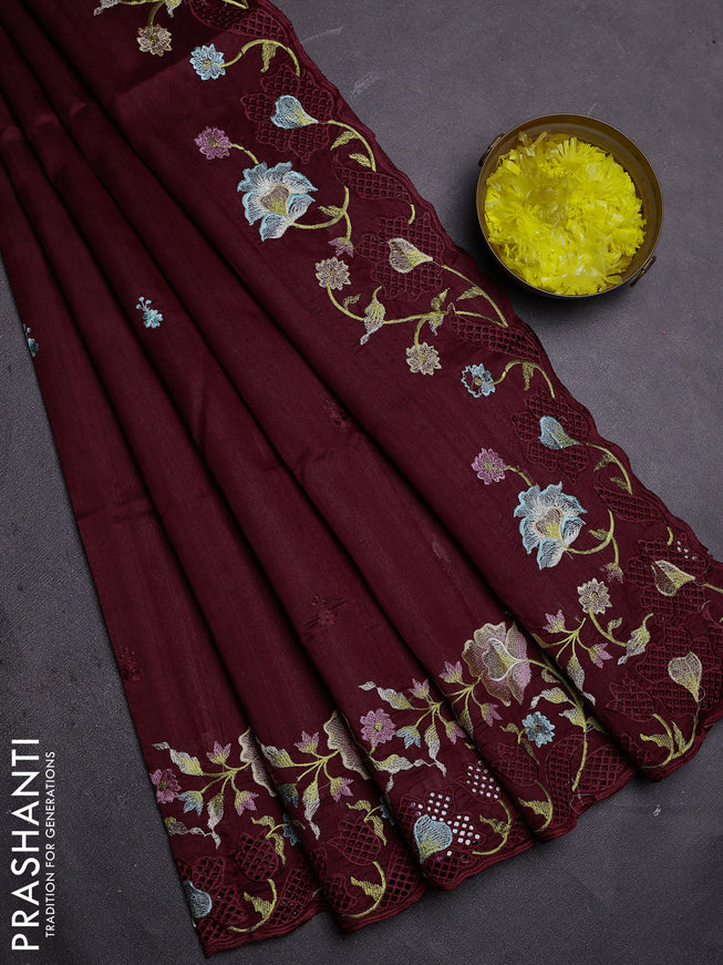 Semi raw silk saree maroon with embroidered buttas and embroidery cut work border