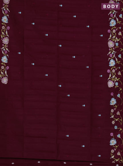 Semi raw silk saree maroon with embroidered buttas and embroidery cut work border