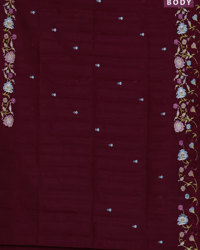 Semi raw silk saree maroon with embroidered buttas and embroidery cut work border