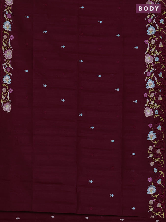 Semi raw silk saree maroon with embroidered buttas and embroidery cut work border