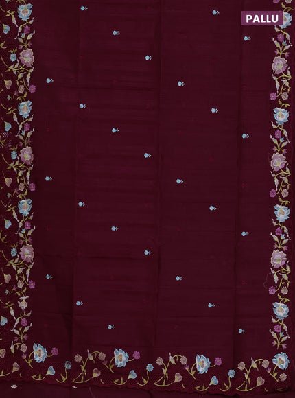 Semi raw silk saree maroon with embroidered buttas and embroidery cut work border