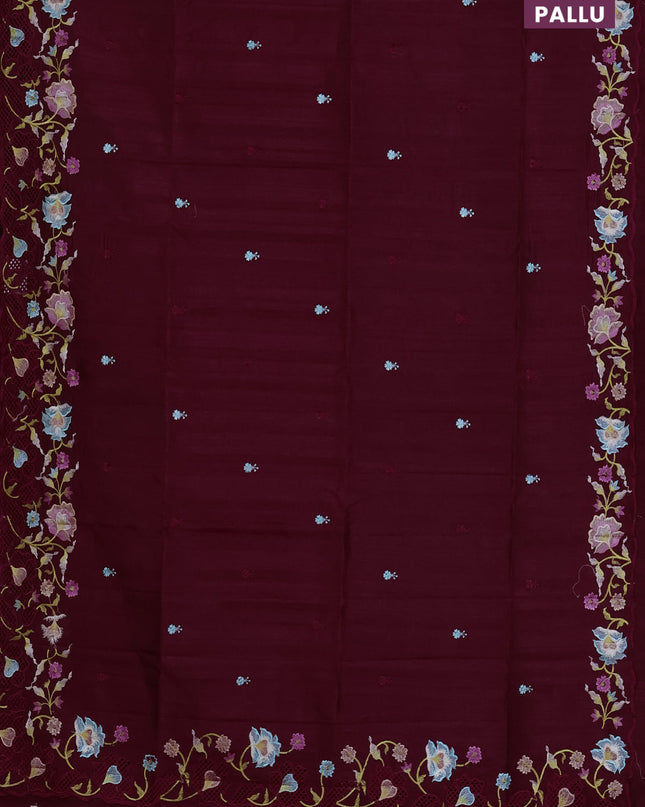 Semi raw silk saree maroon with embroidered buttas and embroidery cut work border
