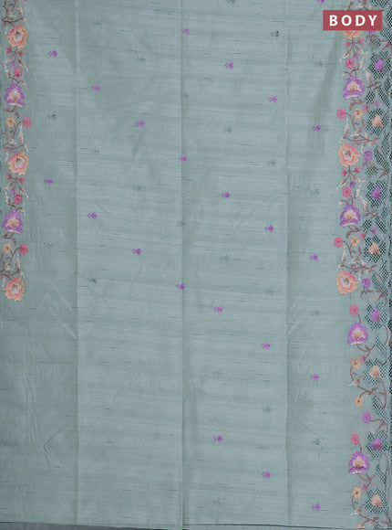 Semi raw silk saree pastel green with embroidered buttas and embroidery cut work border