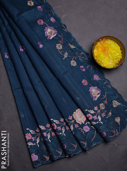 Semi raw silk saree peacock blue with embroidered buttas and embroidery cut work border
