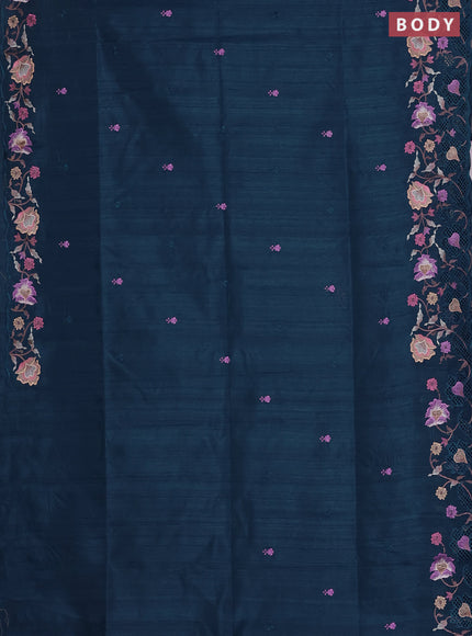 Semi raw silk saree peacock blue with embroidered buttas and embroidery cut work border