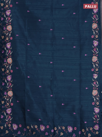Semi raw silk saree peacock blue with embroidered buttas and embroidery cut work border
