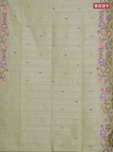 Semi raw silk saree pista green with embroidered buttas and embroidery cut work border