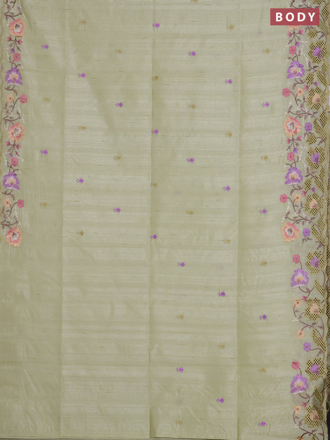 Semi raw silk saree pista green with embroidered buttas and embroidery cut work border