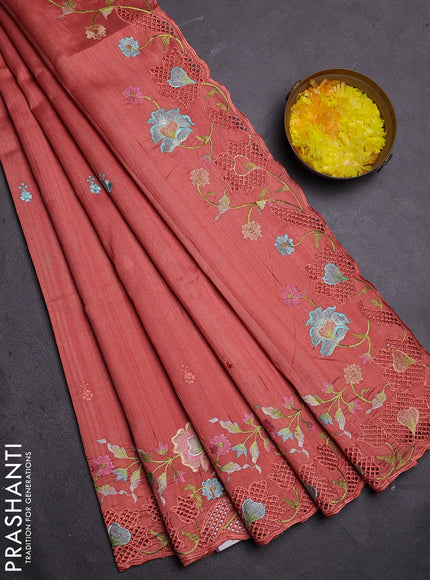 Semi raw silk saree peach orange with embroidered buttas and embroidery cut work border