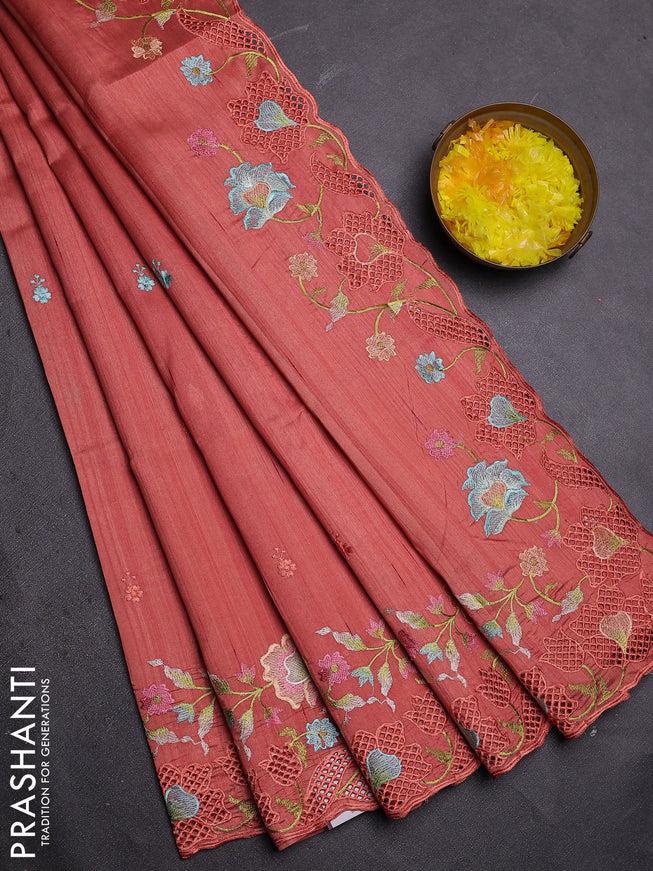 Semi raw silk saree peach orange with embroidered buttas and embroidery cut work border