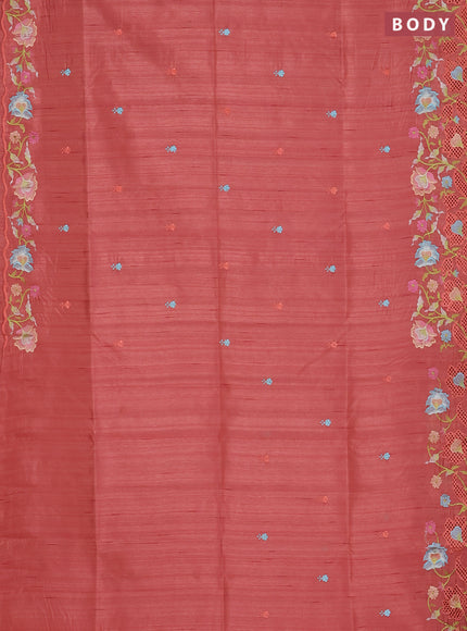 Semi raw silk saree peach orange with embroidered buttas and embroidery cut work border