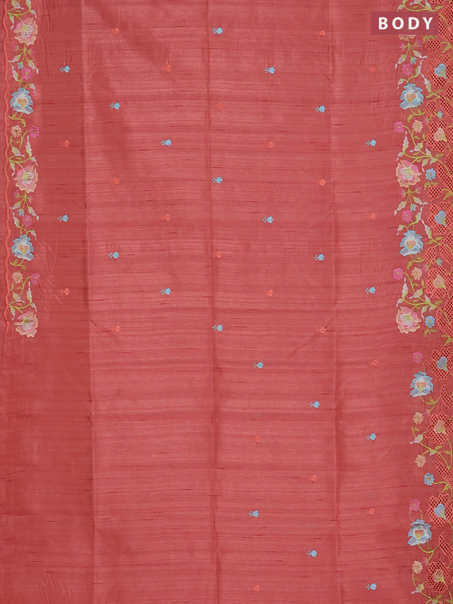 Semi raw silk saree peach orange with embroidered buttas and embroidery cut work border