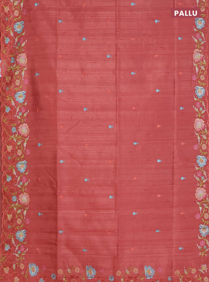 Semi raw silk saree peach orange with embroidered buttas and embroidery cut work border