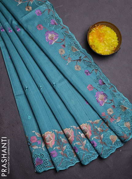 Semi raw silk saree teal shade with embroidered buttas and embroidery cut work border