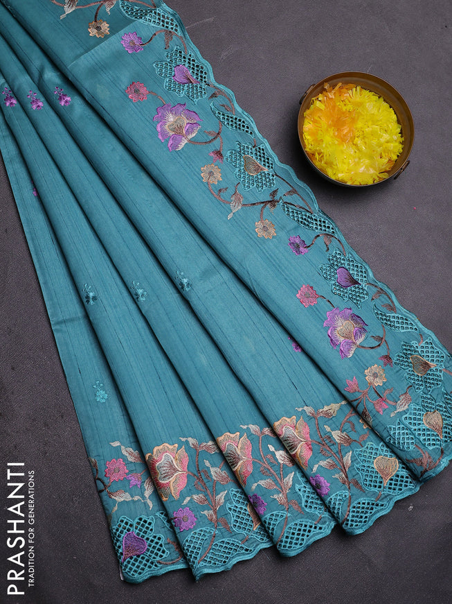 Semi raw silk saree teal shade with embroidered buttas and embroidery cut work border