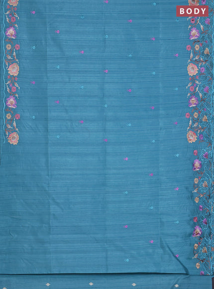 Semi raw silk saree teal shade with embroidered buttas and embroidery cut work border