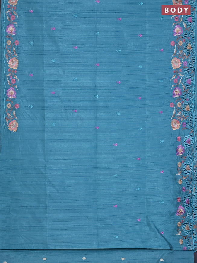 Semi raw silk saree teal shade with embroidered buttas and embroidery cut work border