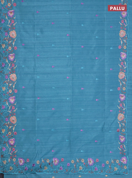 Semi raw silk saree teal shade with embroidered buttas and embroidery cut work border