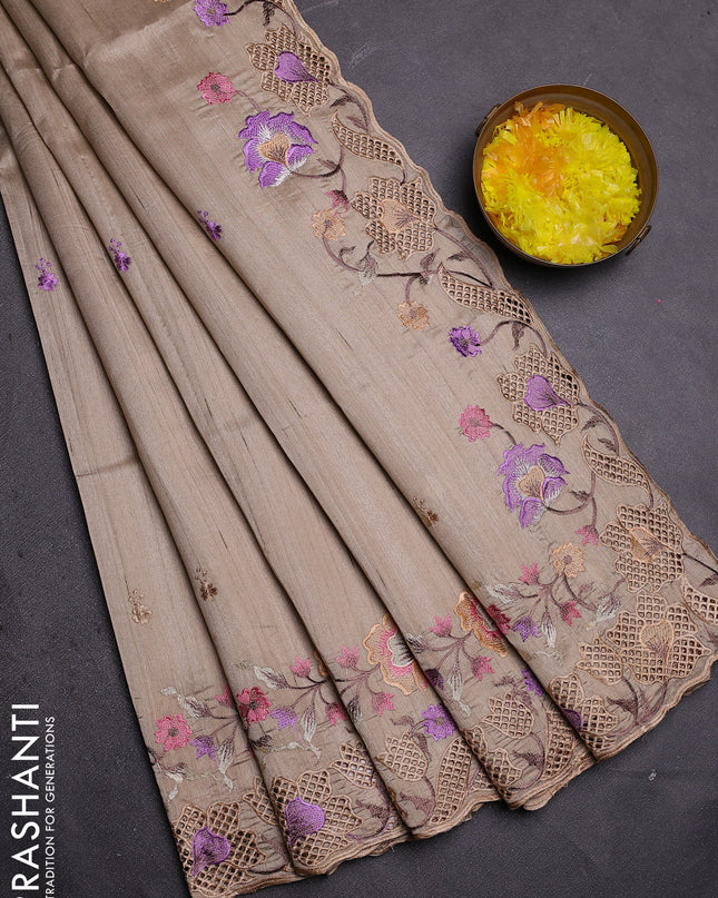 Semi raw silk saree beige with embroidered buttas and embroidery cut work border
