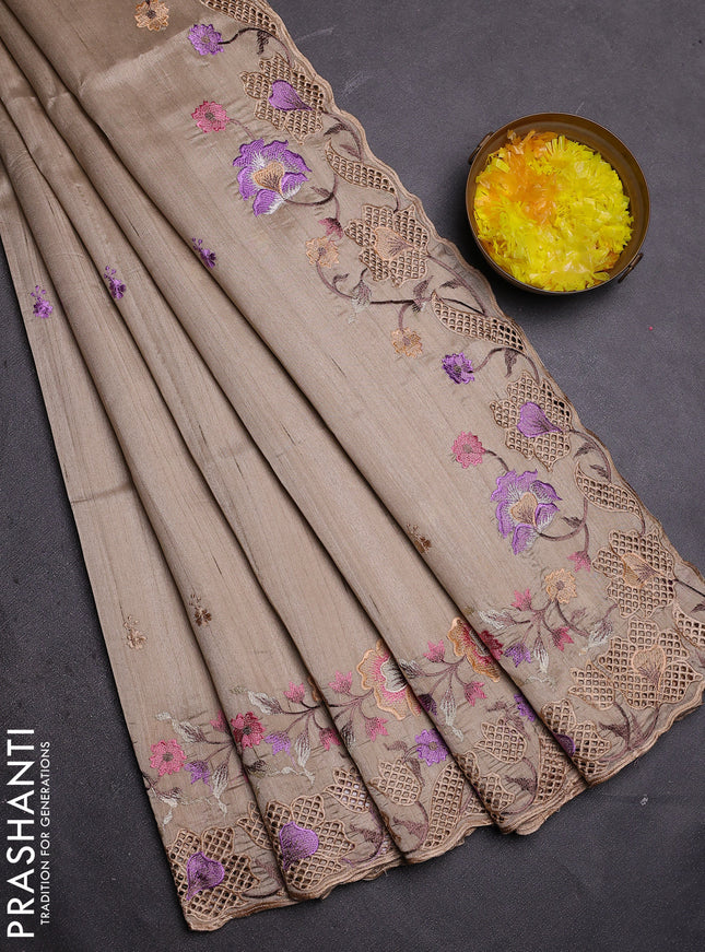 Semi raw silk saree beige with embroidered buttas and embroidery cut work border