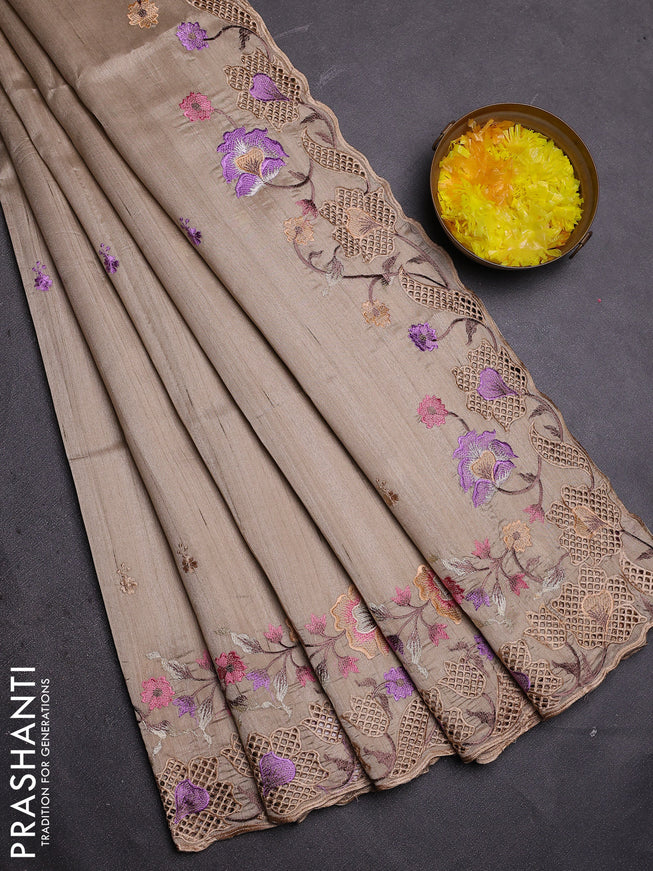 Semi raw silk saree beige with embroidered buttas and embroidery cut work border