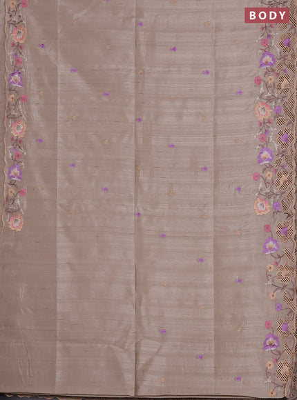Semi raw silk saree beige with embroidered buttas and embroidery cut work border