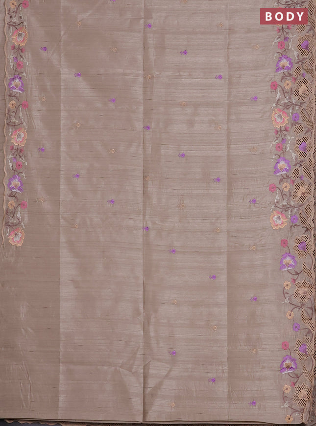 Semi raw silk saree beige with embroidered buttas and embroidery cut work border