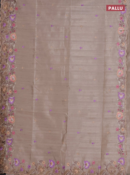 Semi raw silk saree beige with embroidered buttas and embroidery cut work border