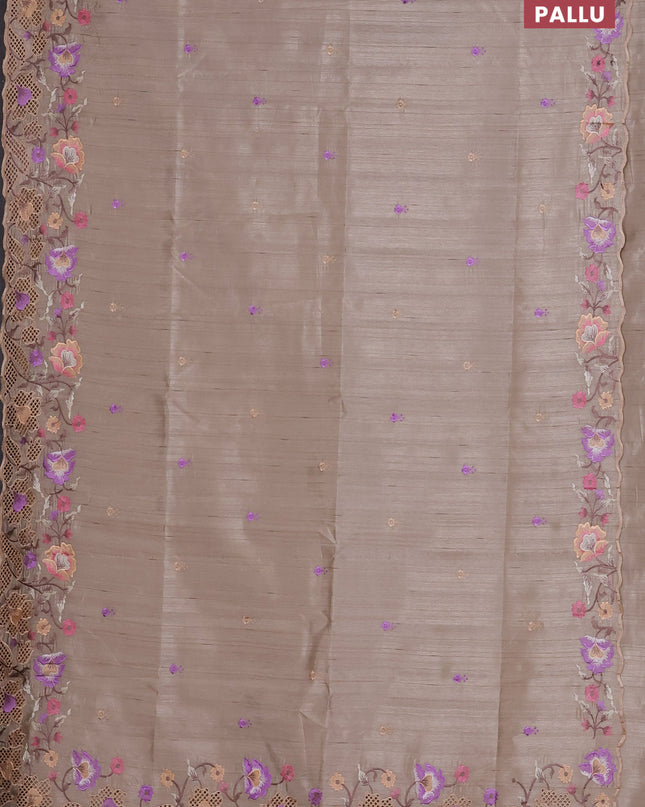 Semi raw silk saree beige with embroidered buttas and embroidery cut work border
