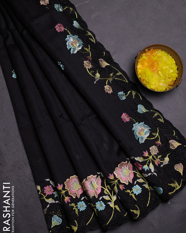 Semi raw silk saree black with embroidered buttas and embroidery cut work border