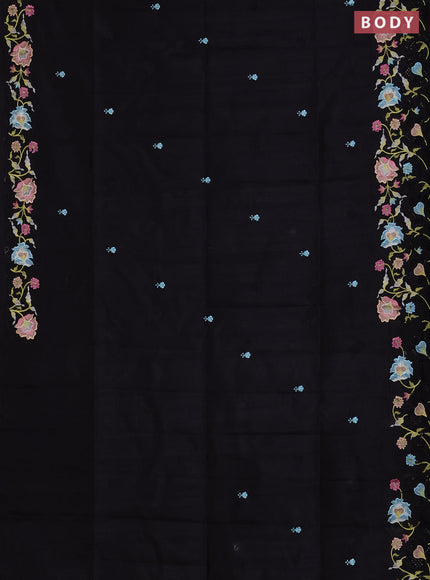 Semi raw silk saree black with embroidered buttas and embroidery cut work border