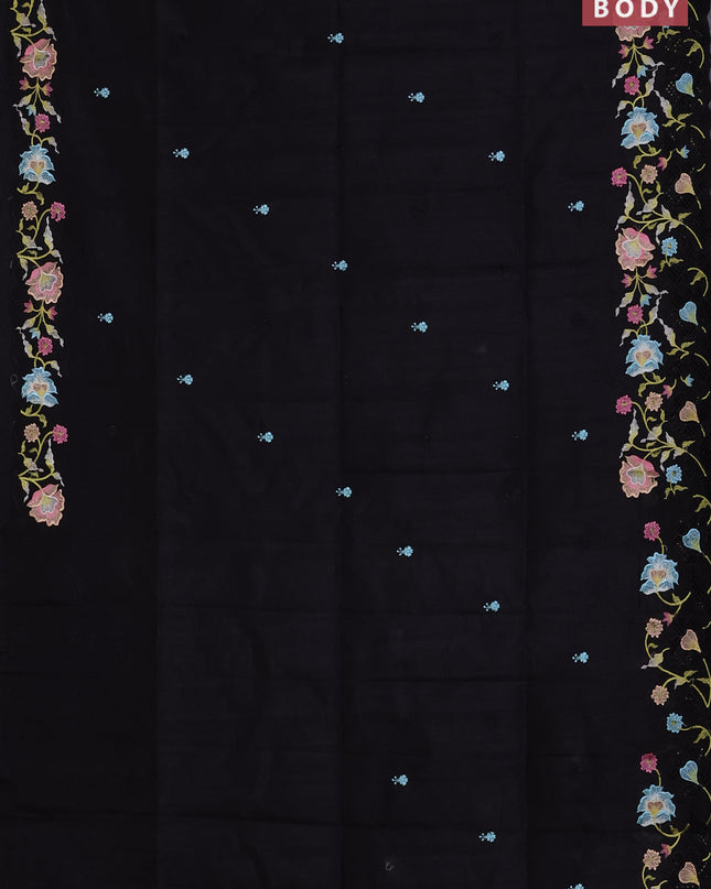 Semi raw silk saree black with embroidered buttas and embroidery cut work border