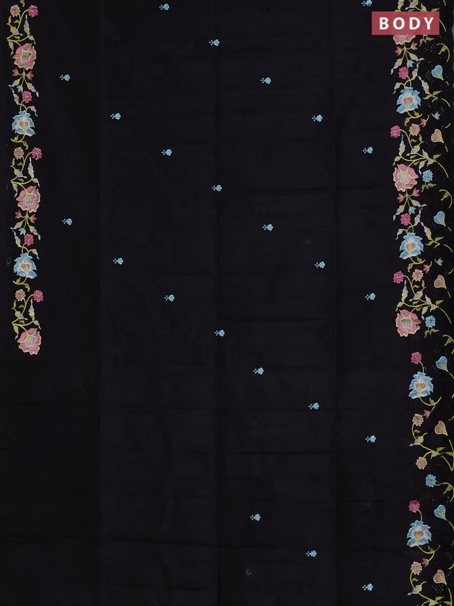 Semi raw silk saree black with embroidered buttas and embroidery cut work border