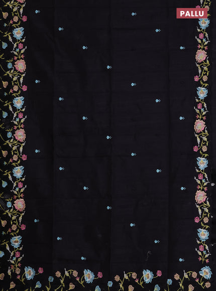 Semi raw silk saree black with embroidered buttas and embroidery cut work border