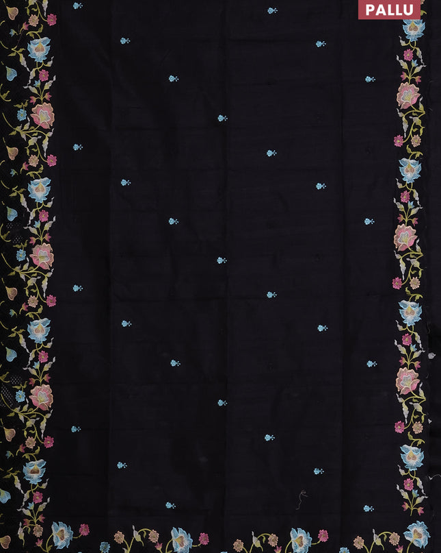 Semi raw silk saree black with embroidered buttas and embroidery cut work border