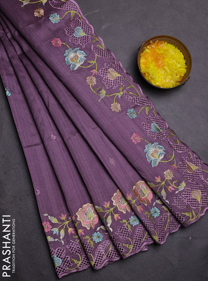 Semi raw silk saree lavender with embroidered buttas and embroidery cut work border