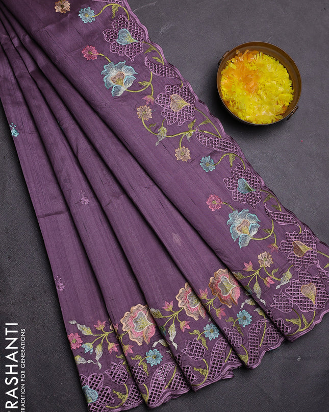 Semi raw silk saree lavender with embroidered buttas and embroidery cut work border