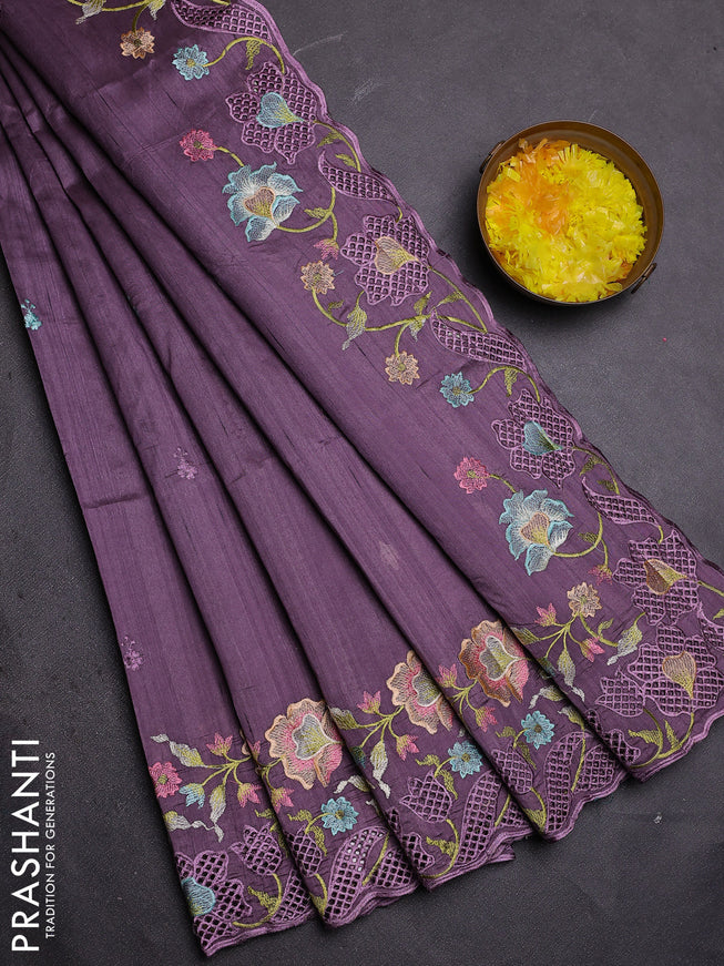 Semi raw silk saree lavender with embroidered buttas and embroidery cut work border