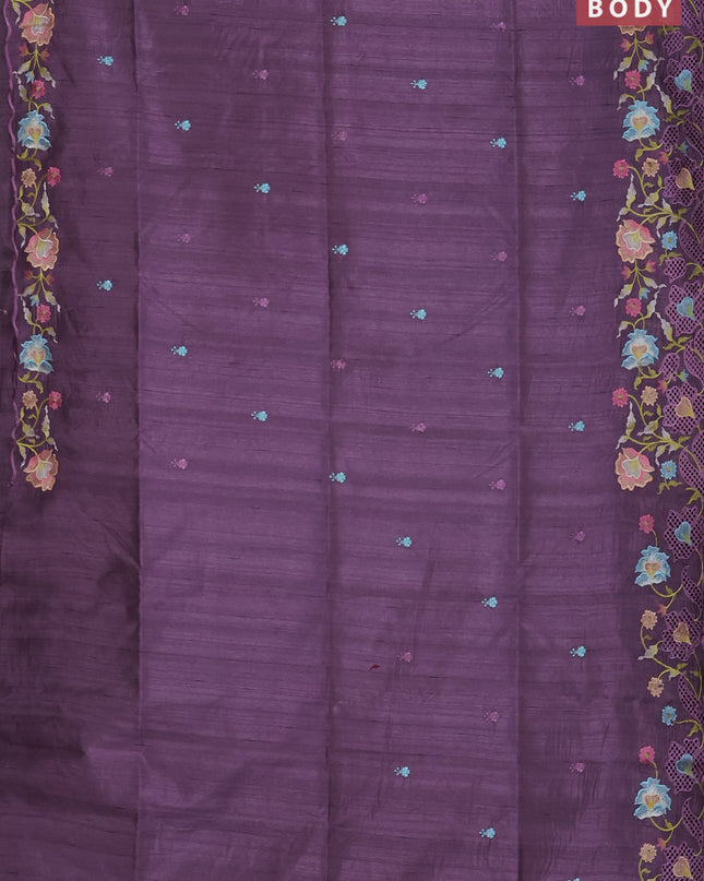 Semi raw silk saree lavender with embroidered buttas and embroidery cut work border