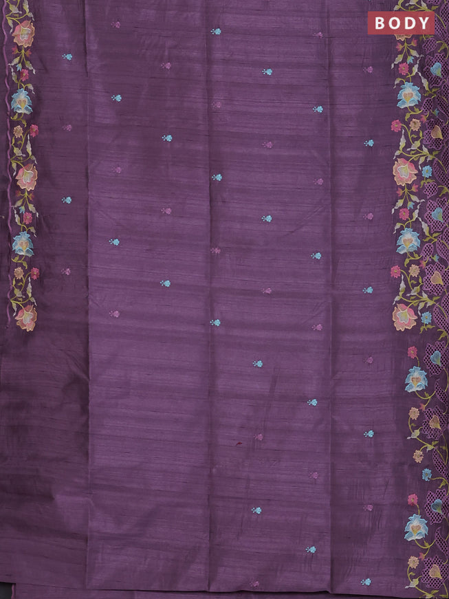 Semi raw silk saree lavender with embroidered buttas and embroidery cut work border