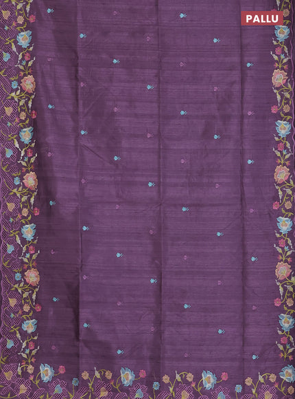 Semi raw silk saree lavender with embroidered buttas and embroidery cut work border