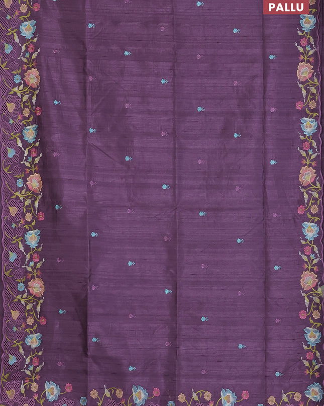 Semi raw silk saree lavender with embroidered buttas and embroidery cut work border