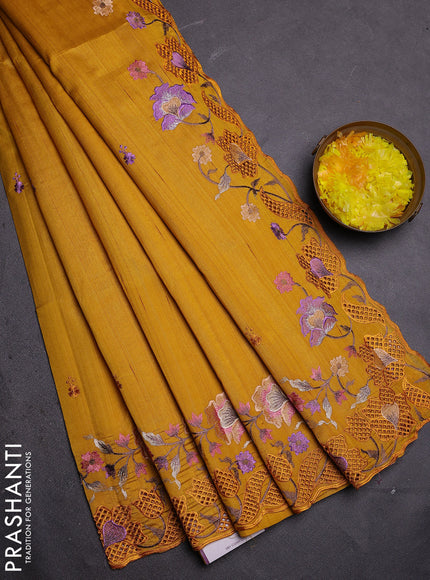 Semi raw silk saree mustard yellow with embroidered buttas and embroidery cut work border