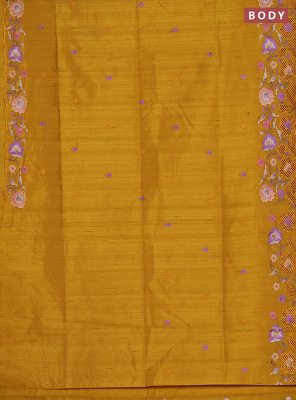 Semi raw silk saree mustard yellow with embroidered buttas and embroidery cut work border