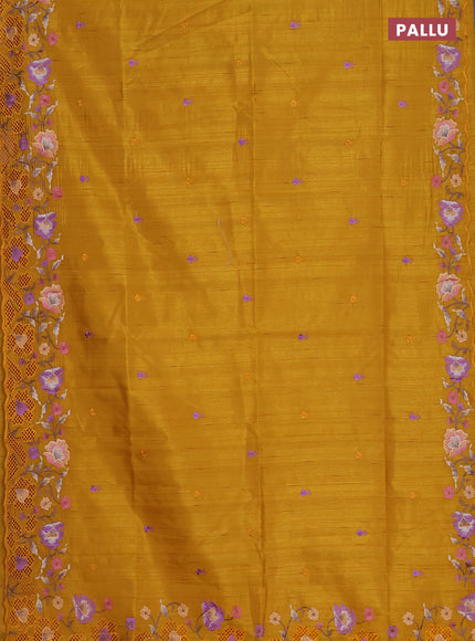 Semi raw silk saree mustard yellow with embroidered buttas and embroidery cut work border